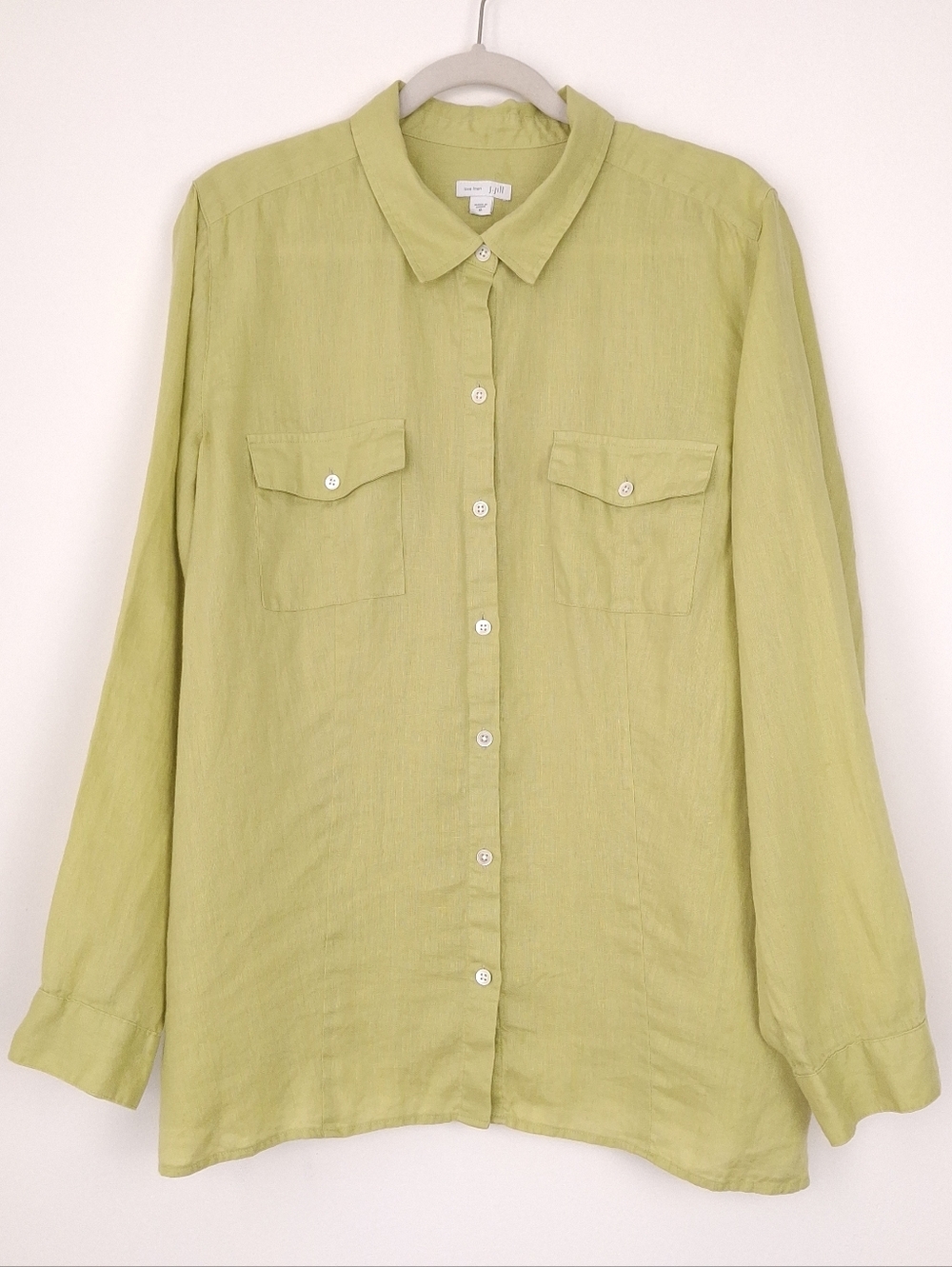 J. Jill Love Linen button up shirt long sleeve resort wear coastal beach green